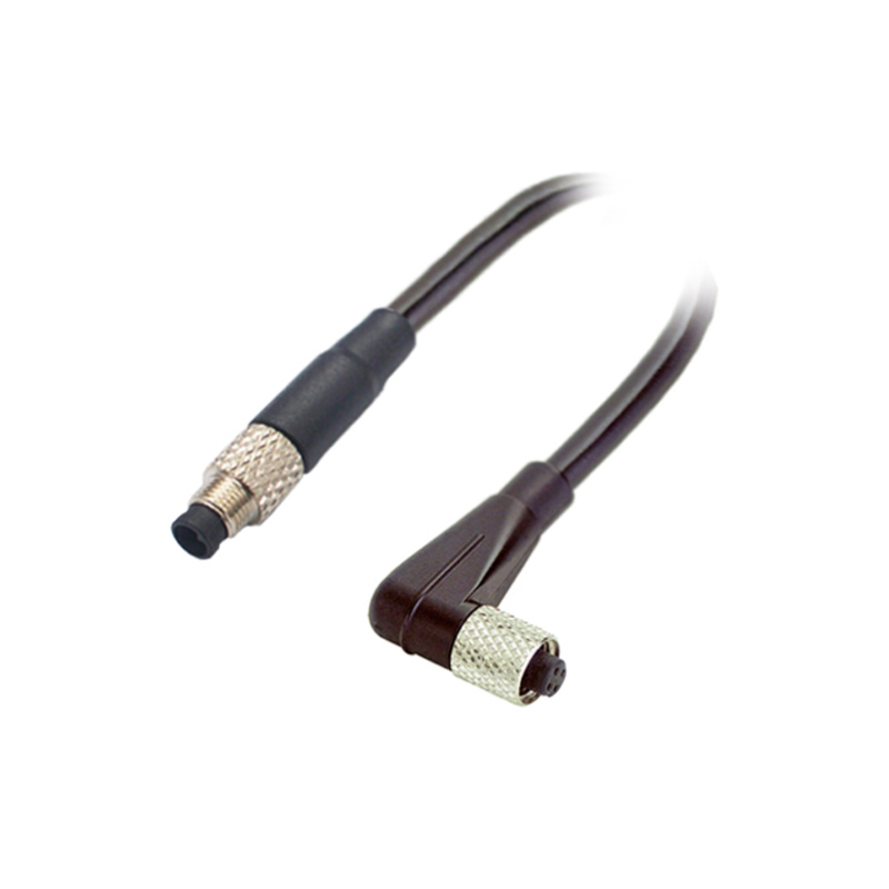 M5 3pins A code male straight to female right angle cable,unshielded,PVC,-10°C~+80°C,26AWG 0.14mm²,brass with nickel plated screw